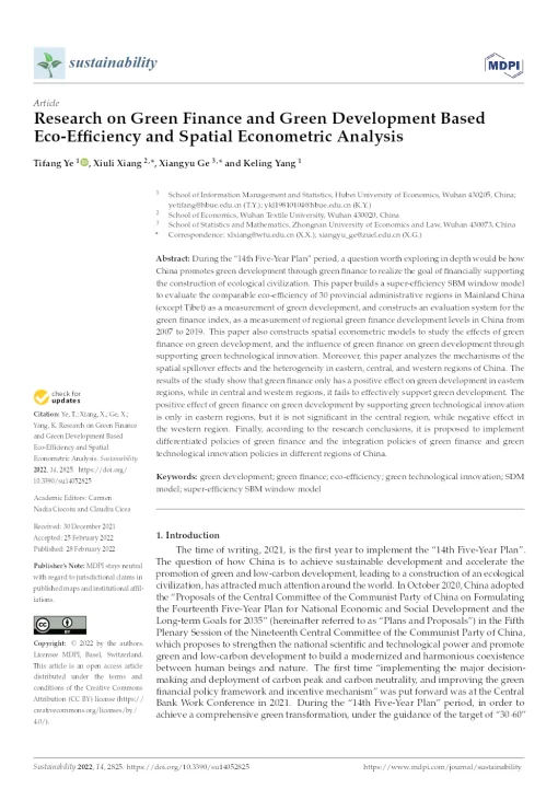 Research On Green Finance And Green Development Based Eco-Efficiency And Spatial Econometric Analysis