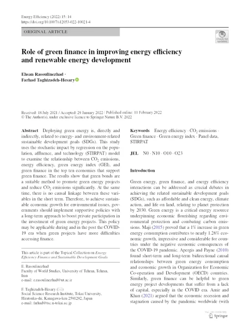 Role Of Green Finance In Improving Energy Efficiency And Renewable Energy Development