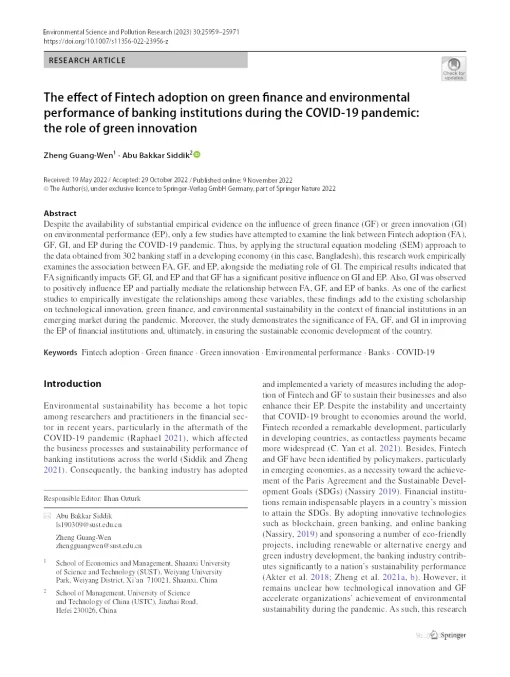 The Effect Of Fintech Adoption On Green Finance And Environmental Performance Of Banking Institutions During The Covid‑19 Pandemic: The Role Of Green Innovation