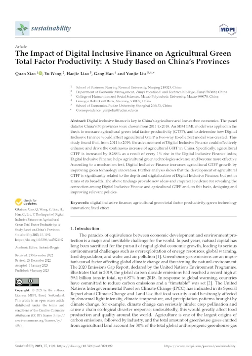 The Impact Of Digital Inclusive Finance On Agricultural Green Total Factor Productivity: A Study Based On China’s Provinces