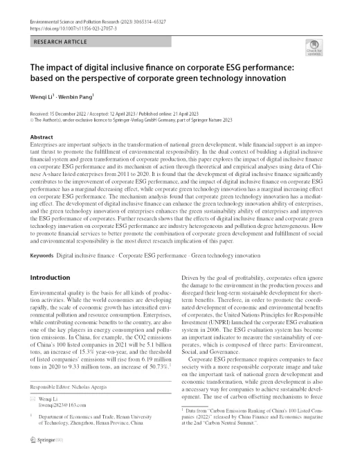 The Impact Of Digital Inclusive Finance On Corporate Esg Performance: Based On The Perspective Of Corporate Green Technology Innovation