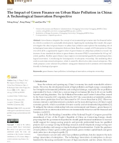 The Impact Of Green Finance On Urban Haze Pollution In China: A Technological Innovation Perspective