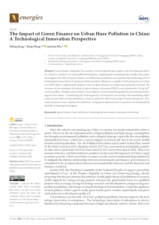 The Impact Of Green Finance On Urban Haze Pollution In China: A Technological Innovation Perspective