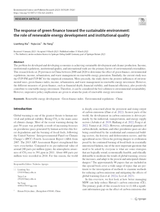 The Response Of Green Finance Toward The Sustainable Environment: The Role Of Renewable Energy Development And Institutional Quality