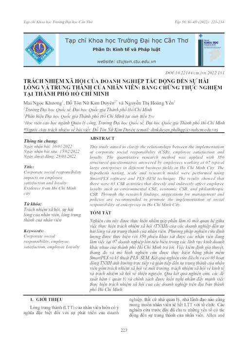 Trách Nhiệm Xã Hội Của Doanh Nghiệp Tác Động Đến Sự Hài Lòng Và Trung Thành Của Nhân Viên: Bằng Chứng Thực Nghiệm Tại Thành Phố Hồ Chí Minh