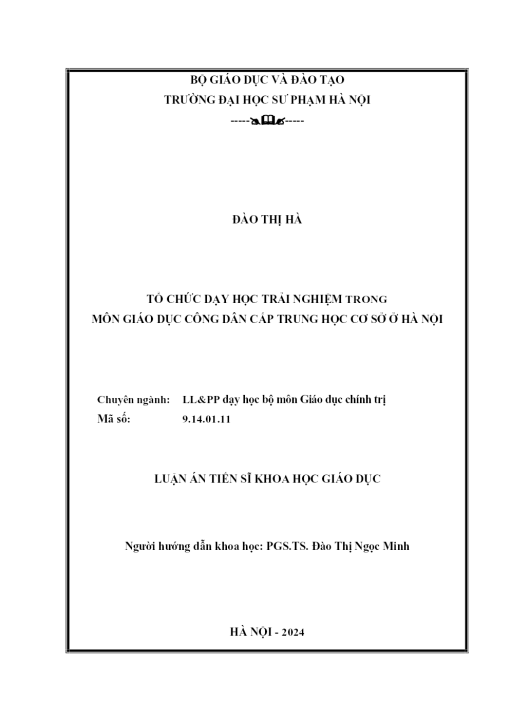 Tổ Chức Dạy Học Trải Nghiệm Trong Môn Giáo Dục Công Dân Cấp Trung Học Cơ Sở Ở Hà Nội