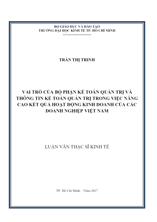 Vai Trò Của Bộ Phận Kế Toán Quản Trị Và Thông Tin Kế Toán Quản Trị Trong Việc Nâng Cao Kết Quả Hoạt Động Kinh Doanh Của Các Doanh Nghiệp Việt Nam