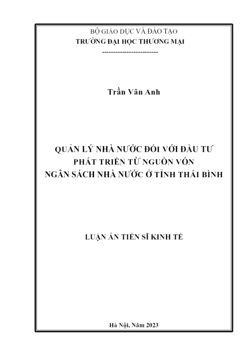 Quản Lý Nhà Nước Đối Với Đầu Tư Phát Triển Từ Nguồn Vốn Ngân Sách Nhà Nước Ở Tỉnh Thái Bình