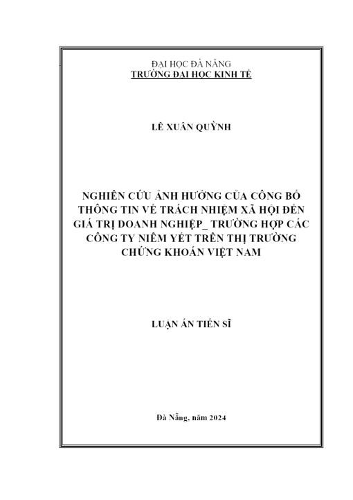 Nghiên Cứu Ảnh Hƣởng Của Công Bố Thông Tin Về Trách Nhiệm Xã Hội Đến Giá Trị Doanh Nghiệp_ Trƣờng Hợp Các Công Ty Niêm Yết Trên Thị Trƣờng Chứng Khoán Việt Nam