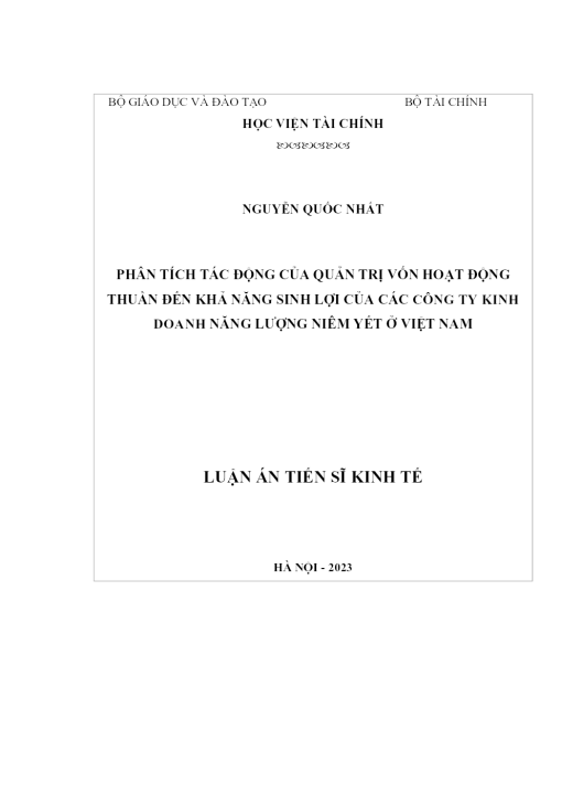 Phân Tích Tác Động Của Quản Trị Vốn Hoạt Động Thuần Đến Khả Năng Sinh Lợi Của Các Công Ty Kinh Doanh Năng Lượng Niêm Yết Ở Việt Nam