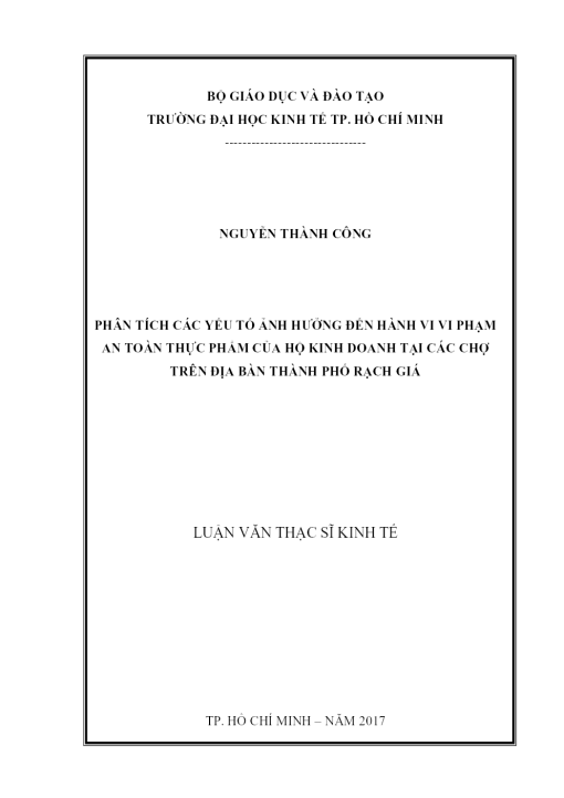 Phân Tích Các Yếu Tố Ảnh Hưởng Đến Hành Vi Vi Phạm An Toàn Thực Phẩm Của Hộ Kinh Doanh Tại Các Chợ Trên Địa Bàn Thành Phố Rạch Giá