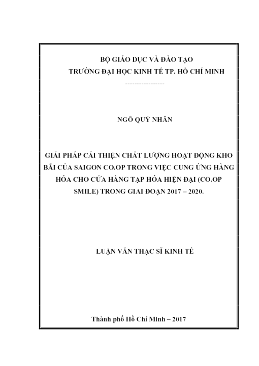 Giải Pháp Cải Thiện Chất Lượng Hoạt Động Kho Bãi Của Saigon Co.op Trong Việc Cung Ứng Hàng Hóa Cho Cửa Hàng Tạp Hóa Hiện Đại (Co.op Smile) Trong Giai Đoạn 2017 – 2020
