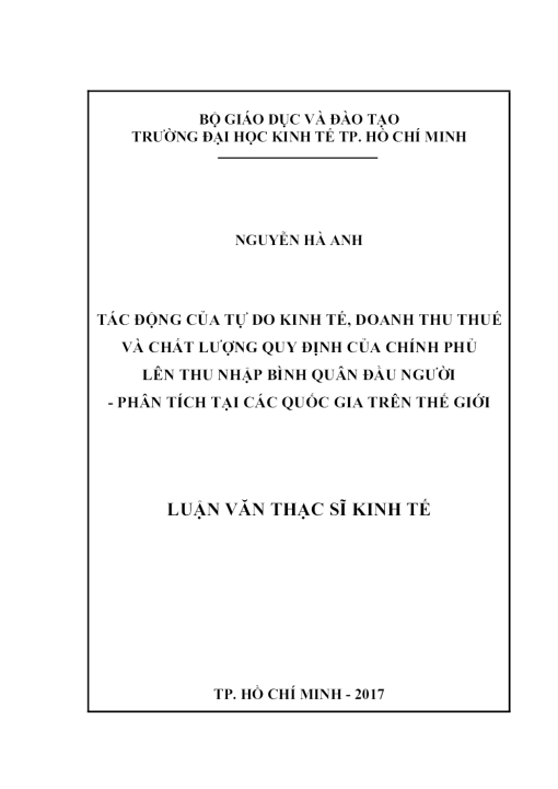 Tác Động Của Tự Do Kinh Tế, Doanh Thu Thuế Và Chất Lượng Quy Định Của Chính Phủ Lên Thu Nhập Bình Quân Đầu Người - Phân Tích Tại Các Quốc Gia Trên Thế Giới