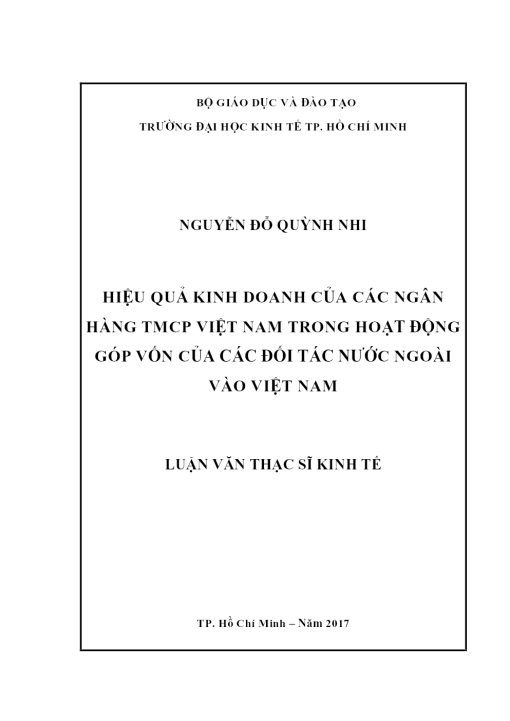 Hiệu Quả Kinh Doanh Của Các Ngân Hàng Tmcp Việt Nam Trong Hoạt Động Góp Vốn Của Các Đối Tác Nước Ngoài Vào Việt Nam