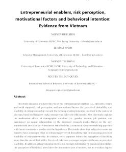 Các Yếu Tố Khởi Tạo Doanh Nghiệp, Nhận Thức Rủi Ro, Các Yếu Tố Động Lực Và Dự Định Hành Vi: Bằng Chứng Từ Việt Nam