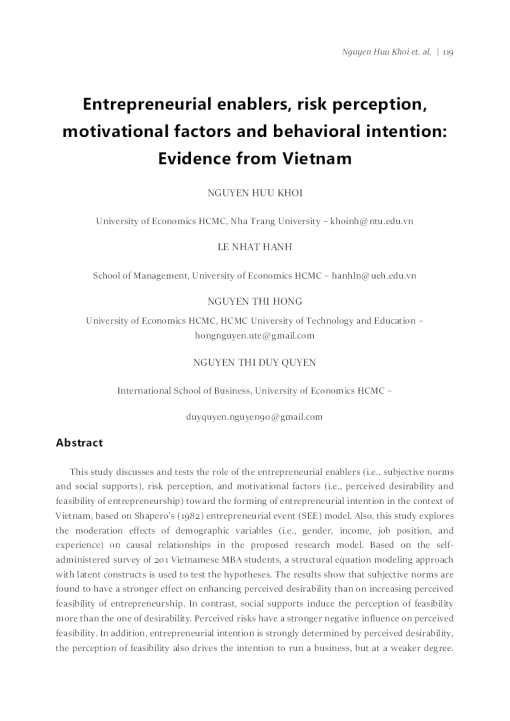 Các Yếu Tố Khởi Tạo Doanh Nghiệp, Nhận Thức Rủi Ro, Các Yếu Tố Động Lực Và Dự Định Hành Vi: Bằng Chứng Từ Việt Nam