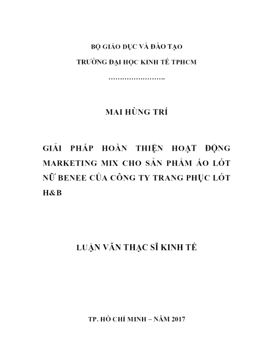 Giải Pháp Hoàn Thiện Hoạt Động Marketing Mix Cho Sản Phẩm Áo Lót Nữ Benee Của Công Ty Trang Phục Lót H&B