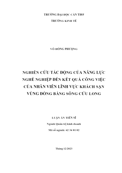 Nghiên Cứu Tác Động Của Năng Lực Nghề Nghiệp Đến Kết Quả Công Việc Của Nhân Viên Lĩnh Vực Khách Sạn Vùng Đồng Bằng Sông Cửu Long