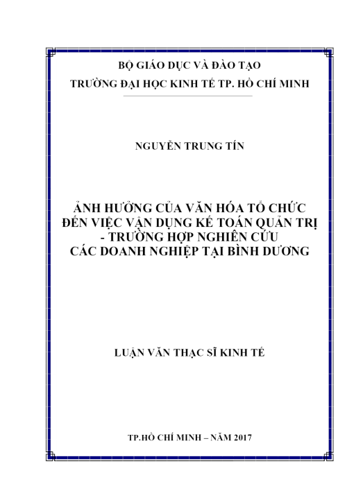 Ảnh Hưởng Của Văn Hóa Tổ Chức Đến Việc Vận Dụng Kế Toán Quản Trị - Trường Hợp Nghiên Cứu Các Doanh Nghiệp Tại Bình Dương