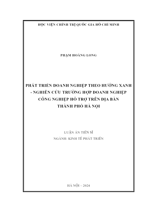 Phát Triển Doanh Nghiệp Theo Hướng Xanh - Nghiên Cứu Trường Hợp Doanh Nghiệp Công Nghiệp Hỗ Trợ Trên Địa Bàn Thành Phố Hà Nội