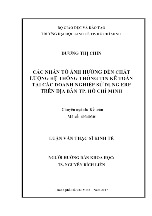 Các Nhân Tố Ảnh Hưởng Đến Chất Lượng Hệ Thống Thông Tin Kế Toán Tại Các Doanh Nghiệp Sử Dụng Erp Trên Địa Bàn Tp. Hồ Chí Minh