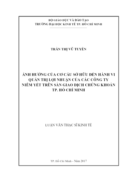 Ảnh Hưởng Của Cơ Cấu Sở Hữu Đến Hành Vi Quản Trị Lợi Nhuận Của Các Công Ty Niêm Yết Trên Sàn Giao Dịch Chứng Khoán TP. Hồ Chí Minh