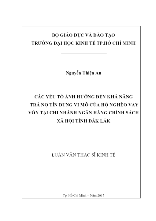 Các Yếu Tố Ảnh Hưởng Đến Khả Năng Trả Nợ Tín Dụng Vi Mô Của Hộ Nghèo Vay Vốn Tại Chi Nhánh Ngân Hàng Chính Sách Xã Hội Tỉnh Đắk Lắk