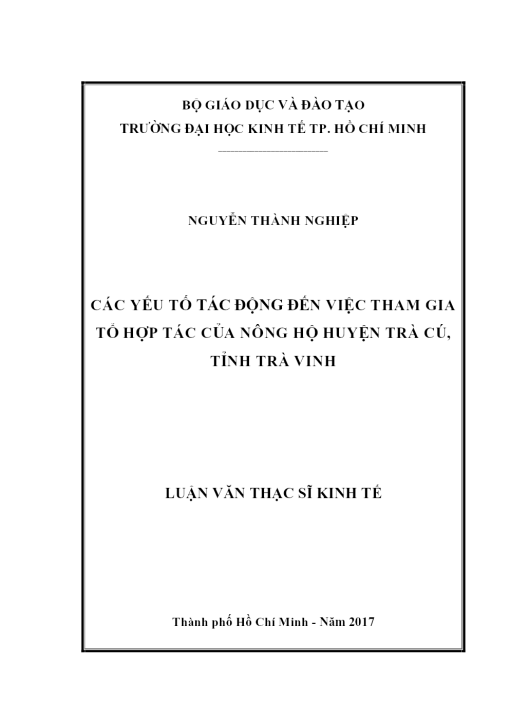 Các Yếu Tố Tác Động Đến Việc Tham Gia Tổ Hợp Tác Của Nông Hộ Huyện Trà Cú, Tỉnh Trà Vinh