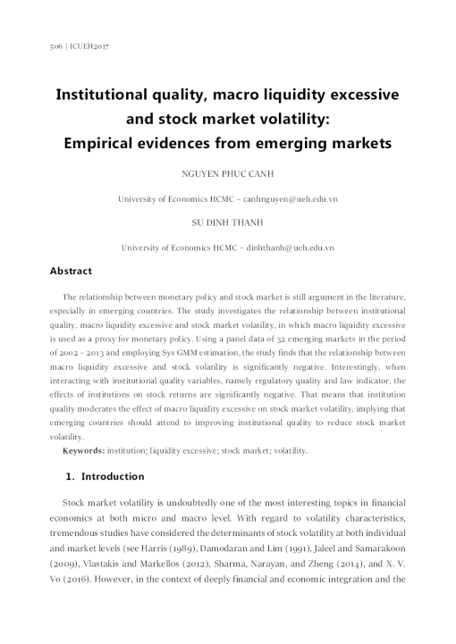 Chất Lượng Thể Chế, Tính Thanh Khoản Vĩ Mô Quá Mức Và Biến Động Thị Trường Chứng Khoán: Bằng Chứng Thực Nghiệm Từ Các Thị Trường Mới Nổi