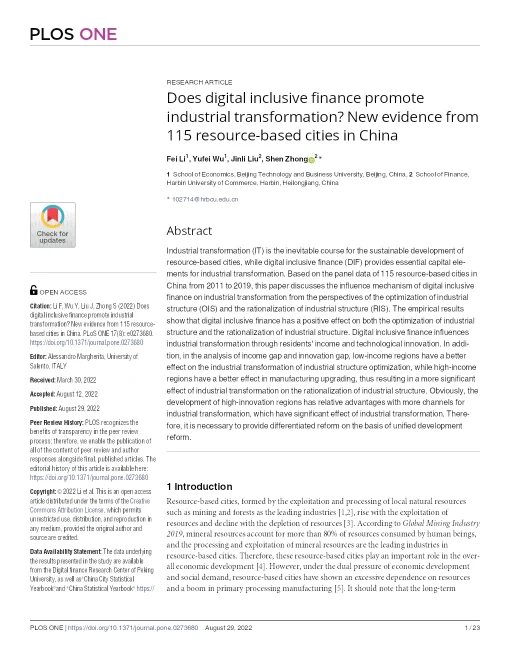 Does Digital Inclusive Finance Promote Industrial Transformation? New Evidence From 115 Resource-based Cities In China