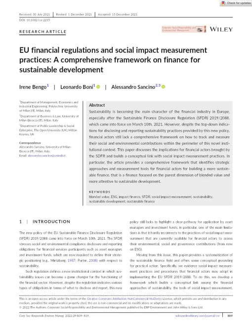 Eu Financial Regulations And Social Impact Measurement Practices: A Comprehensive Framework On Finance For Sustainable Development