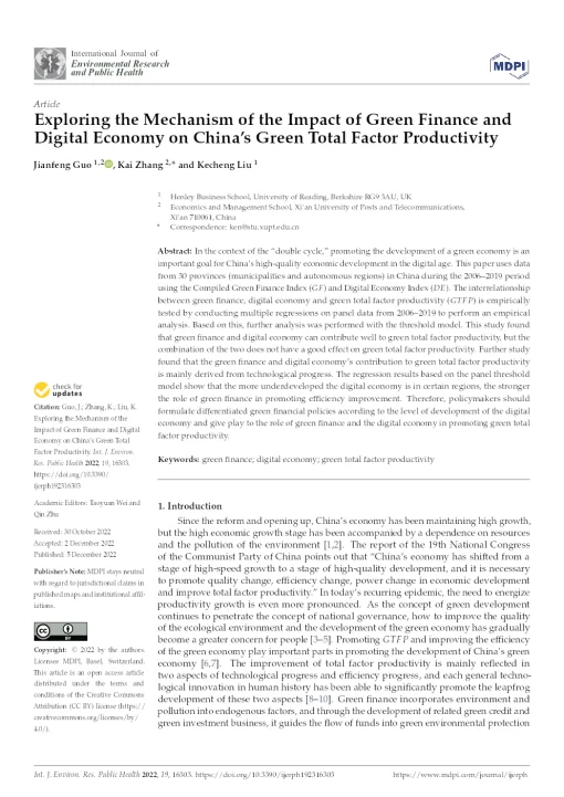 Exploring The Mechanism Of The Impact Of Green Finance And Digital Economy On China’s Green Total Factor Productivity