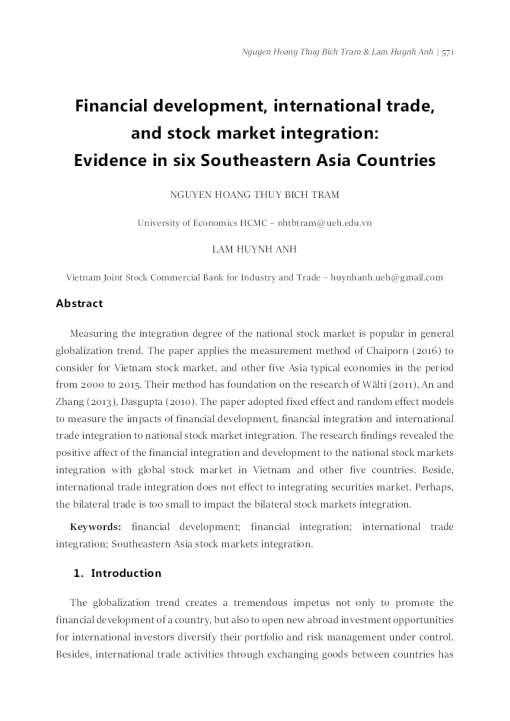 Financial Development, International Trade, And Stock Market Integration: Evidence In Six Southeastern Asia Countries