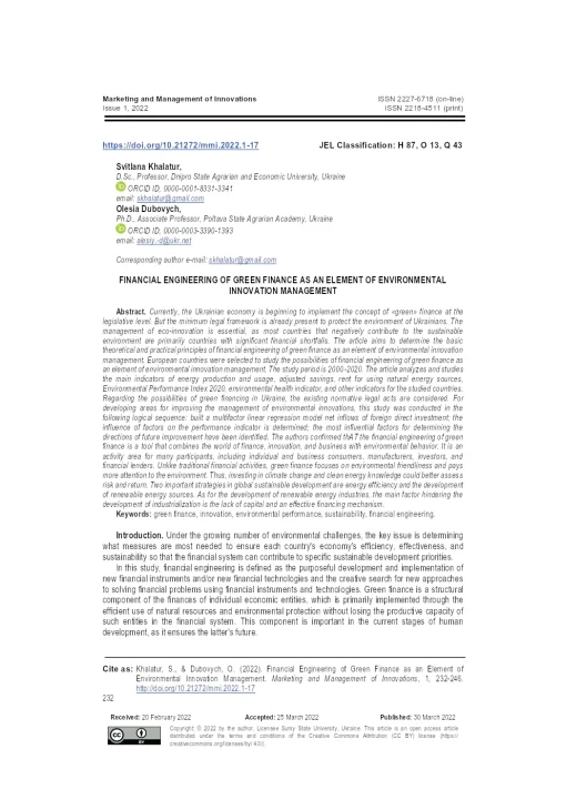 Financial Engineering Of Green Finance As An Element Of Environmental Innovation Management