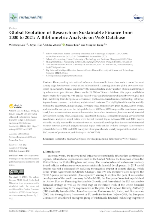 Global Evolution Of Research On Sustainable Finance From 2000 To 2021: A Bibliometric Analysis On Wos Database