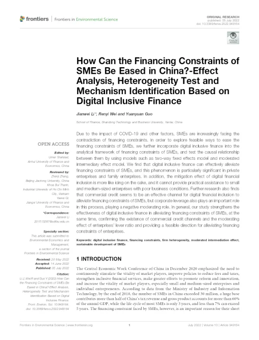 How Can The Financing Constraints Of Smes Be Eased In China?-Effect Analysis, Heterogeneity Test And Mechanism Identification Based On Digital Inclusive Finance