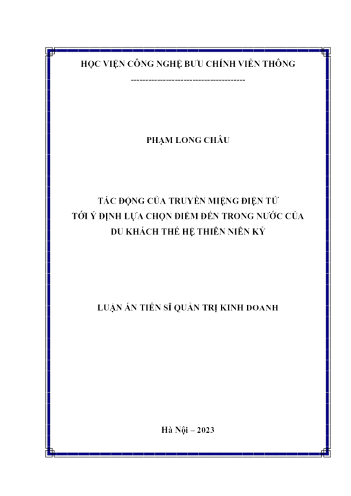 Tác Động Của Truyền Miệng Điện Tử Tới Ý Định Lựa Chọn Điểm Đến Trong Nước Của Du Khách Thế Hệ Thiên Niên Kỷ