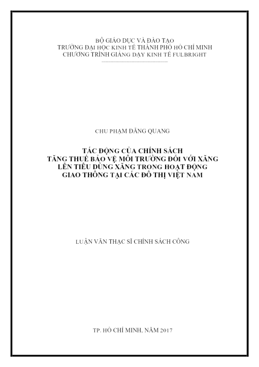 Tác Động Của Chính Sách Tăng Thuế Bảo Vệ Môi Trường Đối Với Xăng Lên Tiêu Dùng Xăng Trong Hoạt Động Giao Thông Tại Các Đô Thị Việt Nam