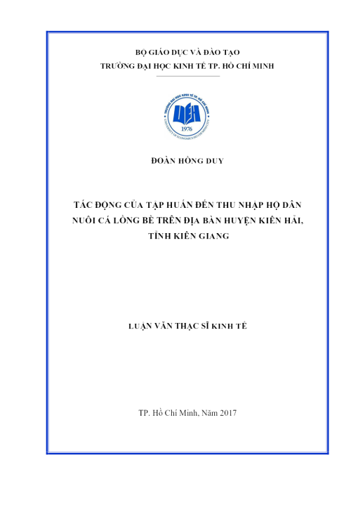 Tác Động Của Tập Huấn Đến Thu Nhập Hộ Dân Nuôi Cá Lồng Bè Trên Địa Bàn Huyện Kiên Hải, Tỉnh Kiên Giang