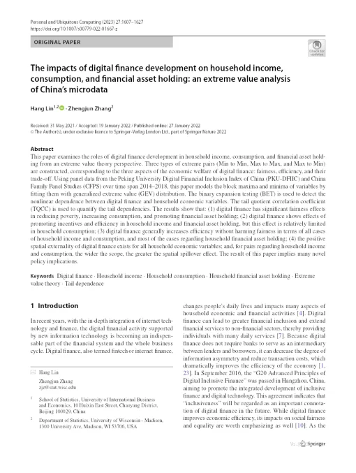 The Impacts Of Digital Finance Development On Household Income, Consumption, And Financial Asset Holding: An Extreme Value Analysis Of China’s Microdata