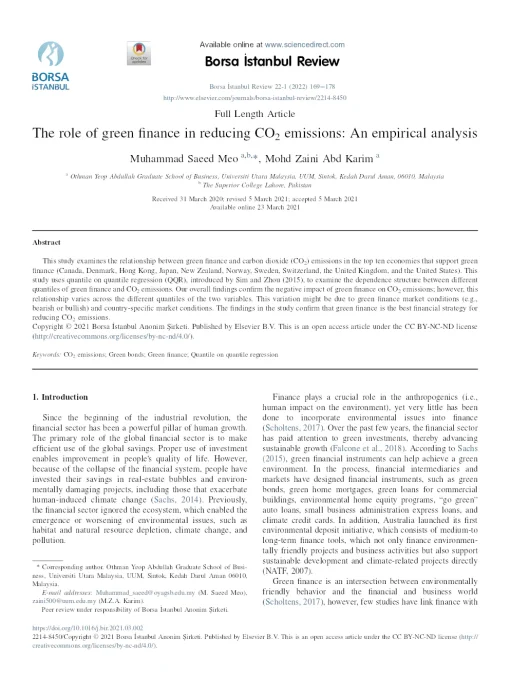 The Role Of Green Finance In Reducing CO2 Emissions: An Empirical Analysis