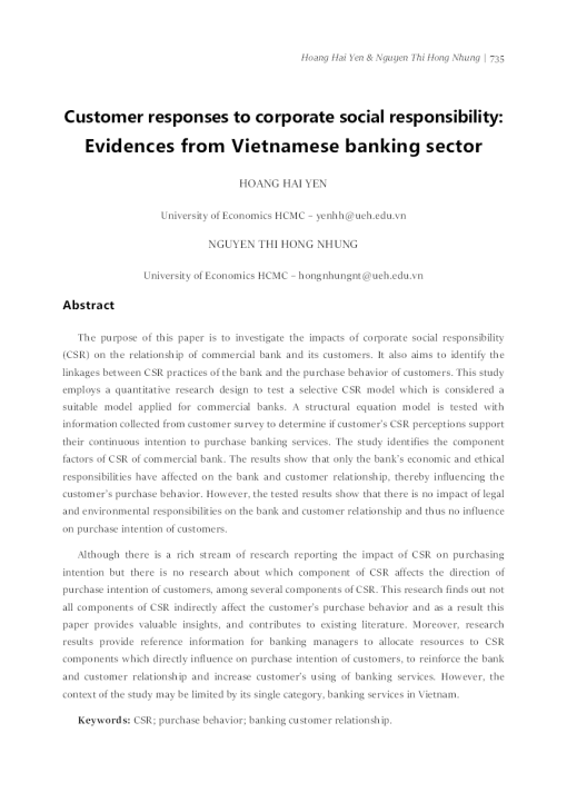 Customer Responses To Corporate Social Responsibility: Evidences From Vietnamese Banking Sector