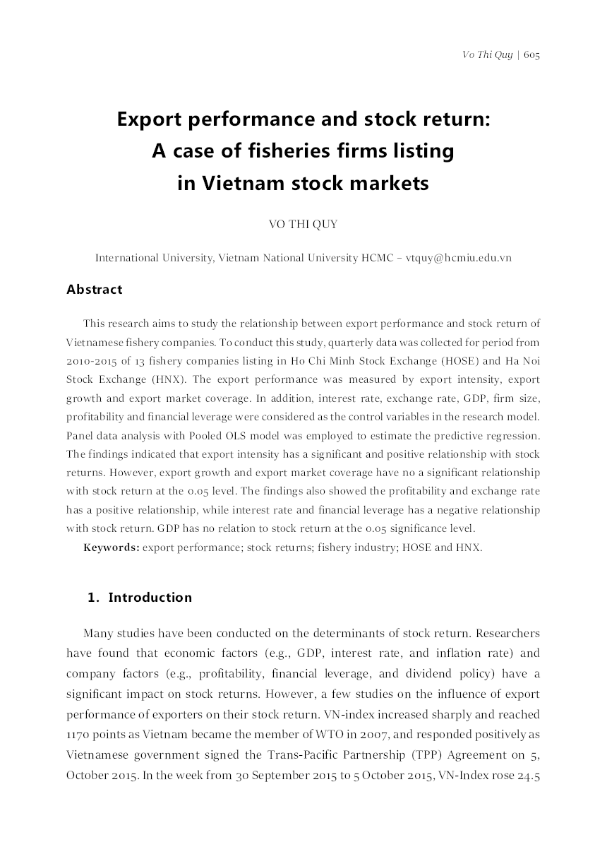 Export Performance And Stock Return: A Case Of Fisheries Firms Listing In Vietnam Stock Markets