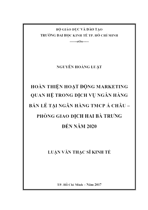 Hoàn Thiện Hoạt Động Marketing Quan Hệ Trong Dịch Vụ Ngân Hàng Bán Lẻ Tại Ngân Hàng TmcP Á Châu – Phòng Giao Dịch Hai Bà Trưng Đến Năm 2020