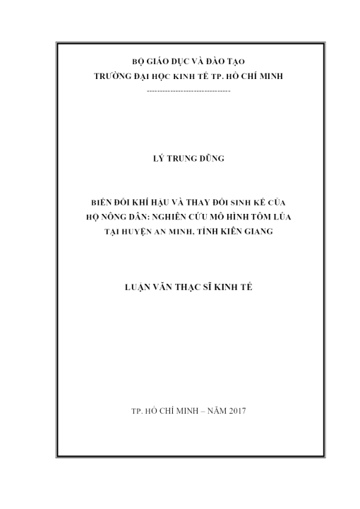 Biến Đổi Khí Hậu Và Thay Đổi Sinh Kế Của Hộ Nông Dân: Nghiên Cứu Mô Hình Tôm Lúa Tại Huyện An Minh, Tỉnh Kiên Giang