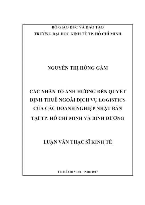 Các Nhân Tố Ảnh Hưởng Đến Quyết Định Thuê Ngoài Dịch Vụ Logistics Của Các Doanh Nghiệp Nhật Bản Tại Tp. Hồ Chí Minh Và Bình Dương