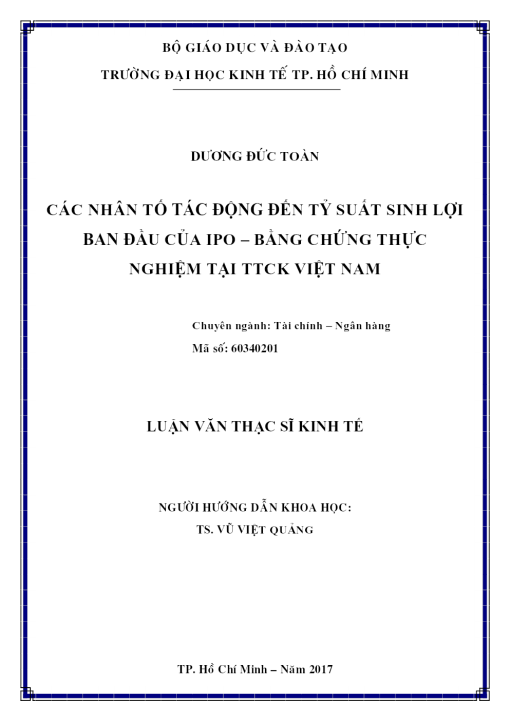 Các Nhân Tố Tác Động Đến Tỷ Suất Sinh Lợi Ban Đầu Của IPO – Bằng Chứng Thực Nghiệm Tại TTCK Việt Nam