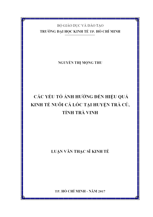 Các Yếu Tố Ảnh Hưởng Đến Hiệu Quả Kinh Tế Nuôi Cá Lóc Tại Huyện Trà Cú, Tỉnh Trà Vinh