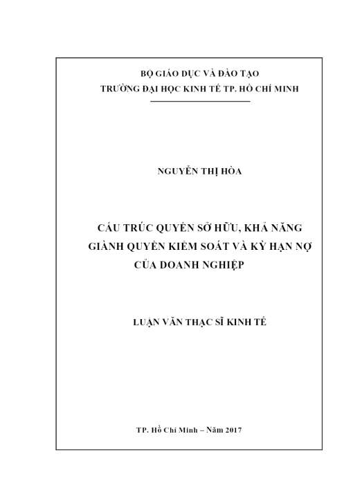 Cấu Trúc Quyền Sở Hữu, Khả Năng Giành Quyền Kiểm Soát Và Kỳ Hạn Nợ Của Doanh Nghiệp