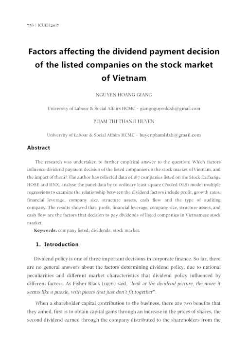Factors Affecting The Dividend Payment Decision Of The Listed Companies On The Stock Market Of Vietnam